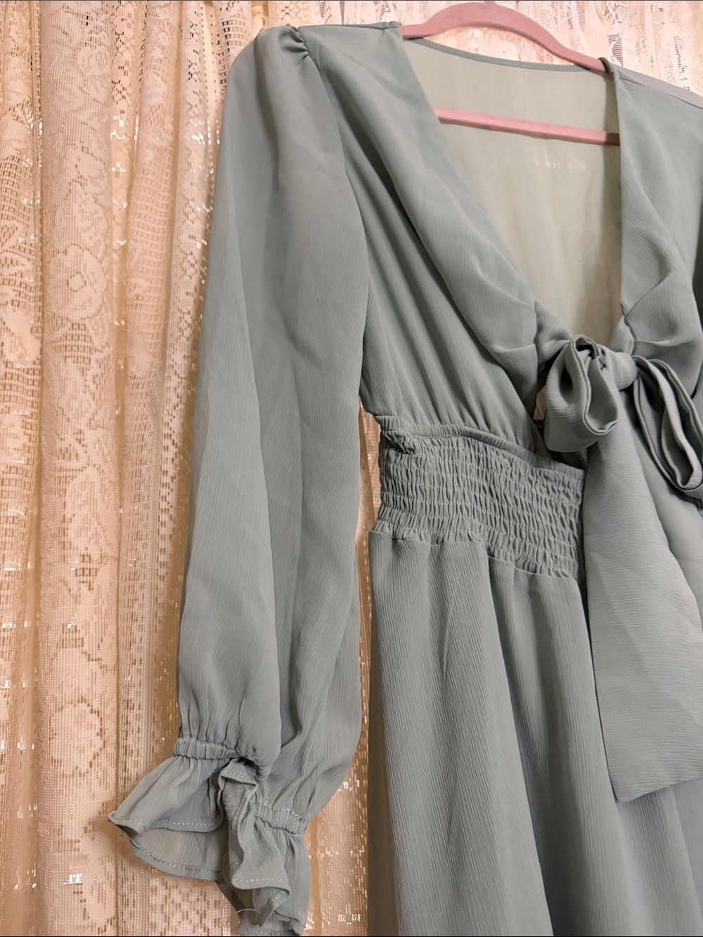 Tie-Front Sage Green Women's Dress - Picture 3 of 4